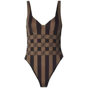 FENDI Brown Ff Logo Stripe Underwire Swimsuit Body One-piece Bathing Suit